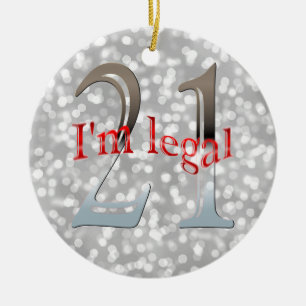 Funny Legal 21st Birthday Bokeh Silver Christmas Ceramic Tree Decoration