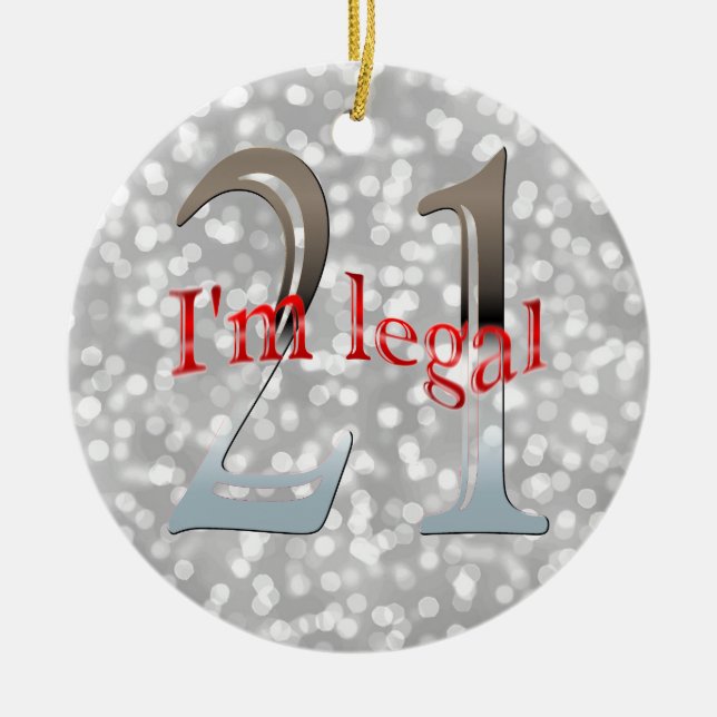 Funny Legal 21st Birthday Bokeh Silver Christmas Ceramic Tree Decoration (Front)