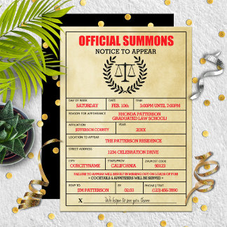 Funny Legal Subpoena Law School Graduation Party Invitation