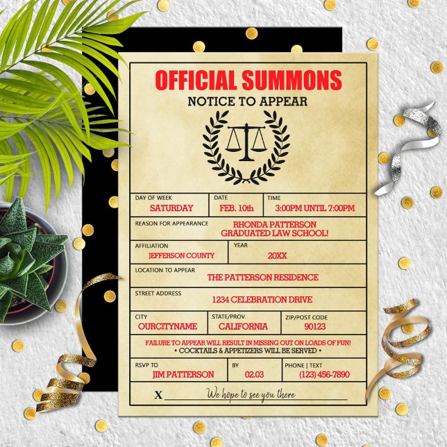 Funny Legal Subpoena Law School Graduation Party Invitation (Creator Uploaded)