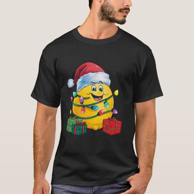 Funny Lemon Xmas Lighting Santa Hat Lemon Christma T-Shirt (Front)