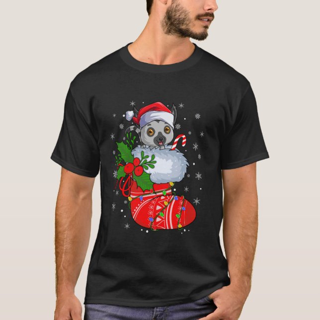 Funny Lemur In Christmas Socks Santa Claus Lights  T-Shirt (Front)