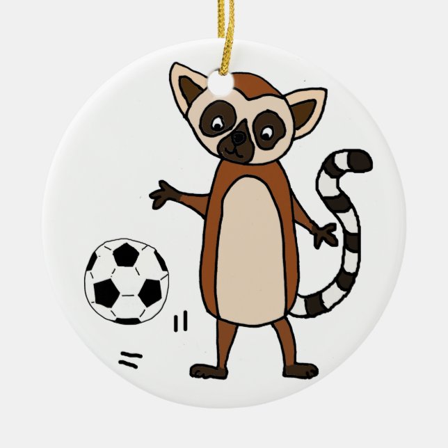 Funny Lemur Playing Soccer Cartoon Ceramic Tree Decoration (Front)