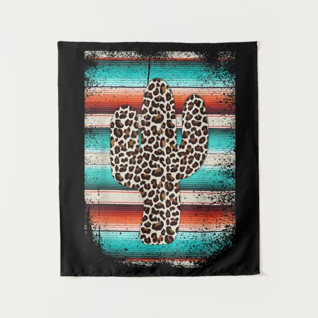 Funny Leopard Cactus Serape Cactus print Turquoise Tapestry (Front)