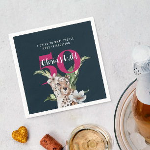 Funny Leopard Pink Botanical 50th Birthday Party Napkin