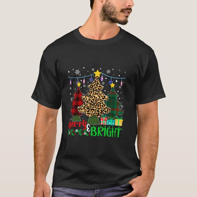 Funny Leopard Plaid Christmas Trees Merry And Brig T-Shirt (Front)