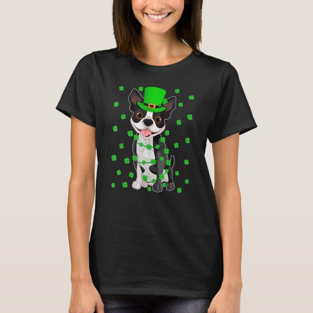 Funny Leprechaun Hat Boston Terrier Dog St Patrick T-Shirt (Front)