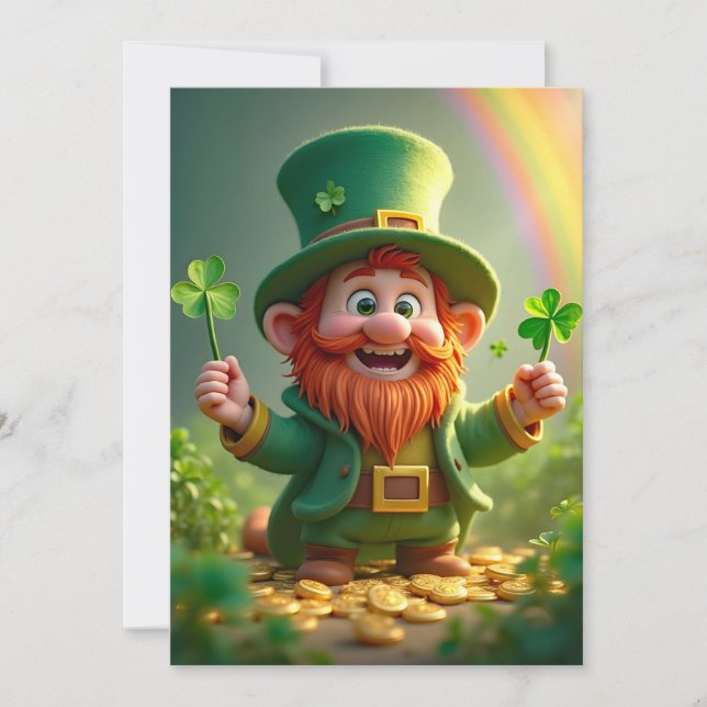 Funny leprechaun with shamrocks and gold coins holiday card (Front)
