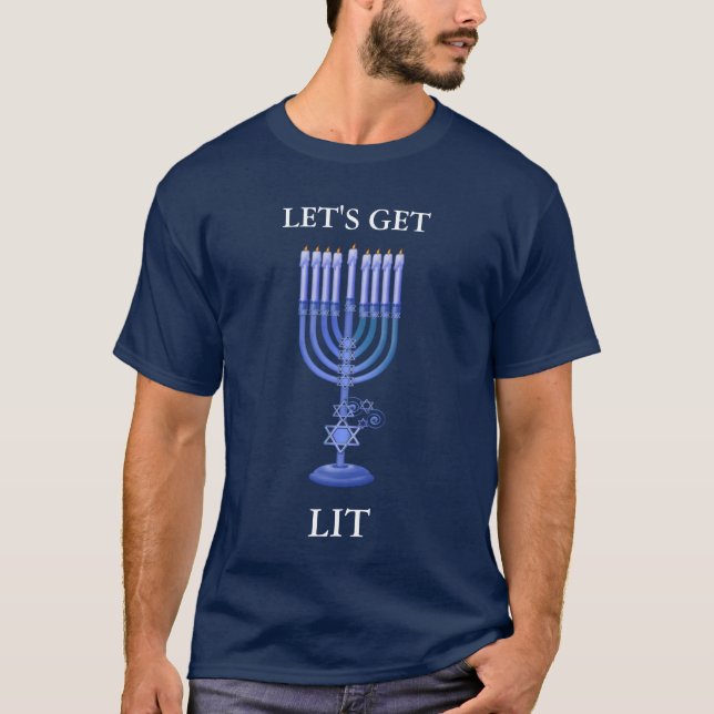 Funny Lets Get Lit Hanukkah Menorah T-Shirt (Front)
