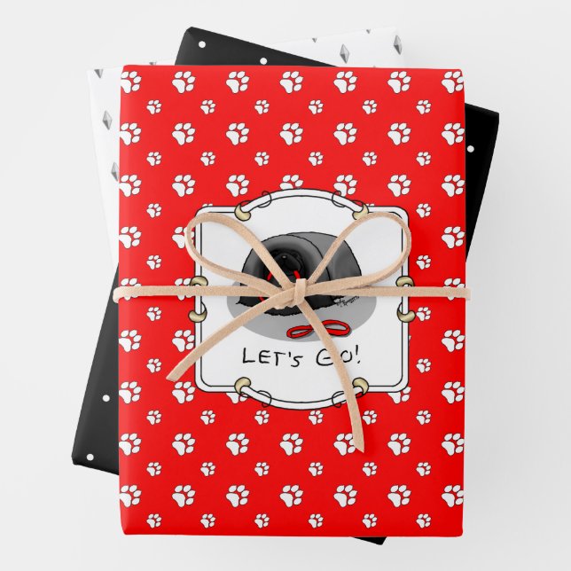 Funny Let's Go! for a Walk Pekingese Dog (black) Wrapping Paper Sheet (In situ)