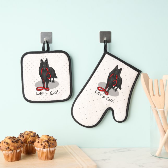 Funny Let's Go! Walk Belgian Sheepdog (black 1) Oven Mitt & Pot Holder Set (Insitu(Hanging))