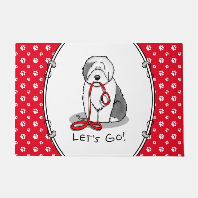 Funny Let's Go! Walk Old English Sheepdog (Grey 1) Doormat (Front)