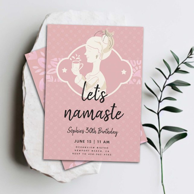 Funny Lets Namaste Women 30th Birthday Party Invitation (funny 30th birthday invitation for women namaste 30 fun yoga tea spa party elegant classy)