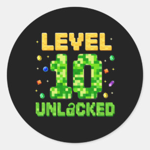 Funny Level 10 Unlocked 10th Birthday Gamer Pixel  Classic Round Sticker