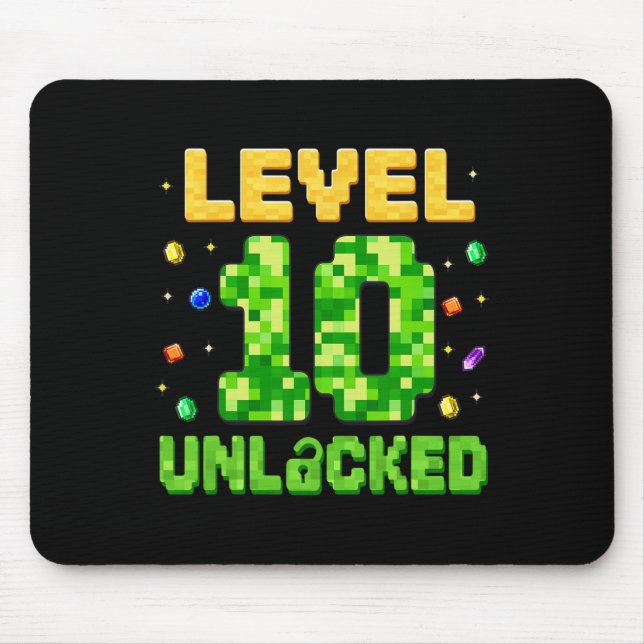 Funny Level 10 Unlocked 10th Birthday Gamer Pixel  Mouse Mat (Front)