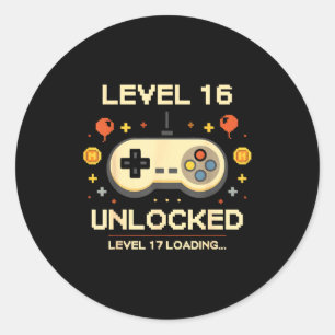Funny level 16 unlocked gamer 16th birthday video classic round sticker