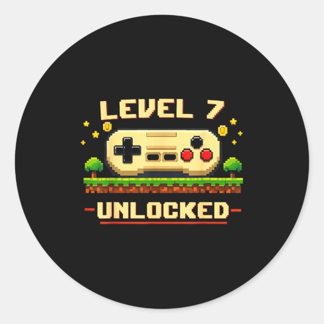 Funny level 7 unlocked video game 7th birthday classic round sticker (Front)