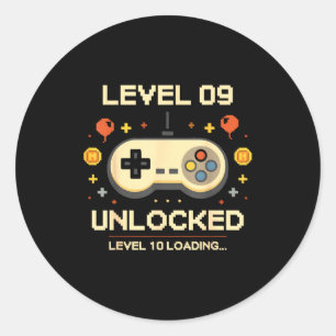 Funny level 9 unlocked gamer 9th birthday video classic round sticker