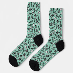 Funny Light Blue Black and White Cats Drawing Socks