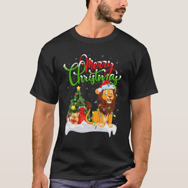 Funny Lion Animal Lover Xmas Lighting Lion Christm T-Shirt (Front)