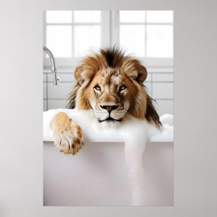 Funny Lion in Bathtub Print, Bathroom Animal Humou Poster