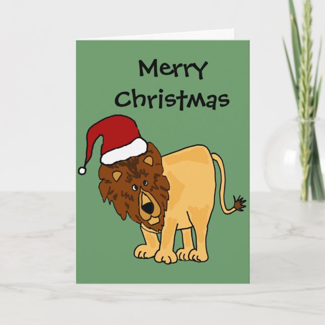 Funny Lion in Santa Hat Christmas Cartoon Holiday Card (Front)