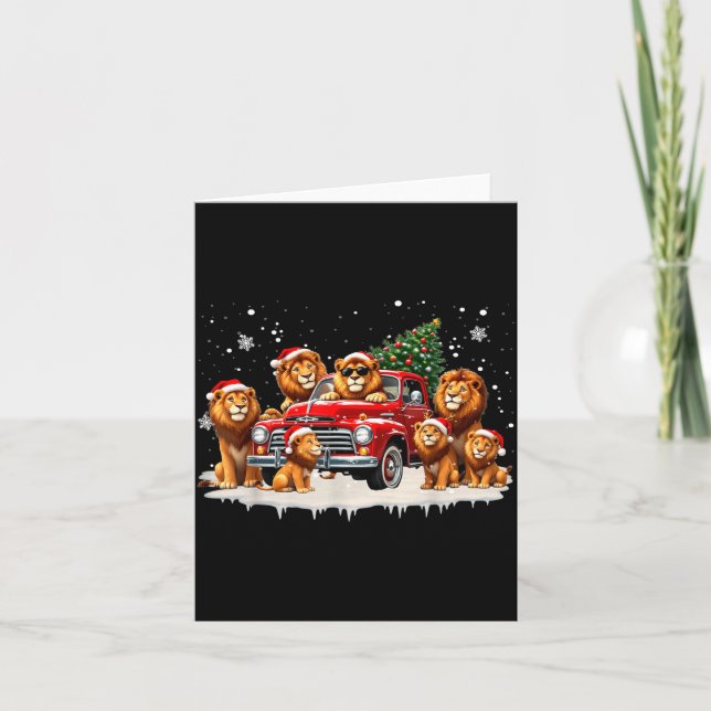 Funny Lion Riding Christmas Tree Truck Christmas  Card (Front)