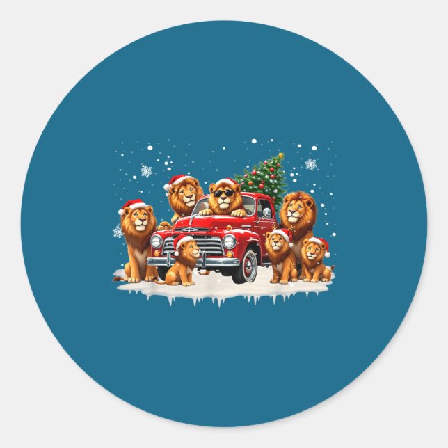 Funny Lion Riding Christmas Tree Truck Christmas  Classic Round Sticker (Front)