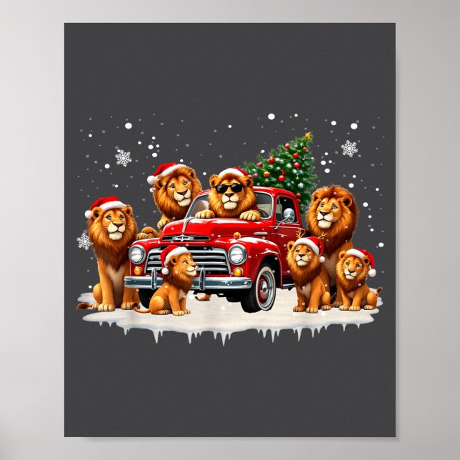 Funny Lion Riding Christmas Tree Truck Christmas  Poster (Front)
