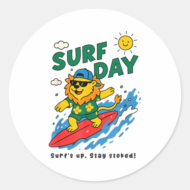 Funny Lion Surfing Summer Vacation Surf Day Boys G Classic Round Sticker (Front)