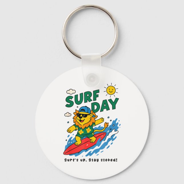 Funny Lion Surfing Summer Vacation Surf Day Boys G Key Ring (Front)