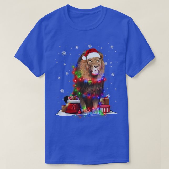 Funny Lion Tree Christmas Lights Xmas Pajama Match T-Shirt (Design Front)