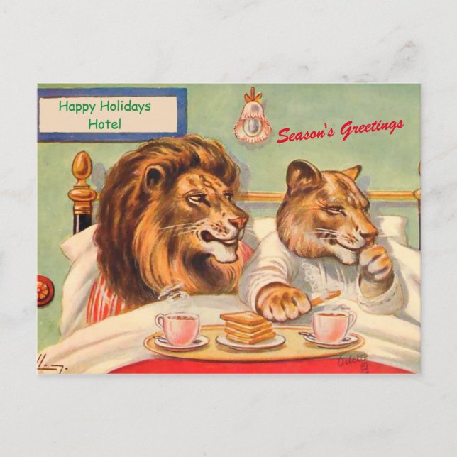 Funny Lions in Holiday Hotel Season's Greetings Postcard (Front)