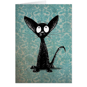 Funny Little Black Cat on Vintage Blue Damask