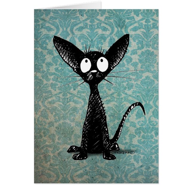 Funny Little Black Cat on Vintage Blue Damask (Front)