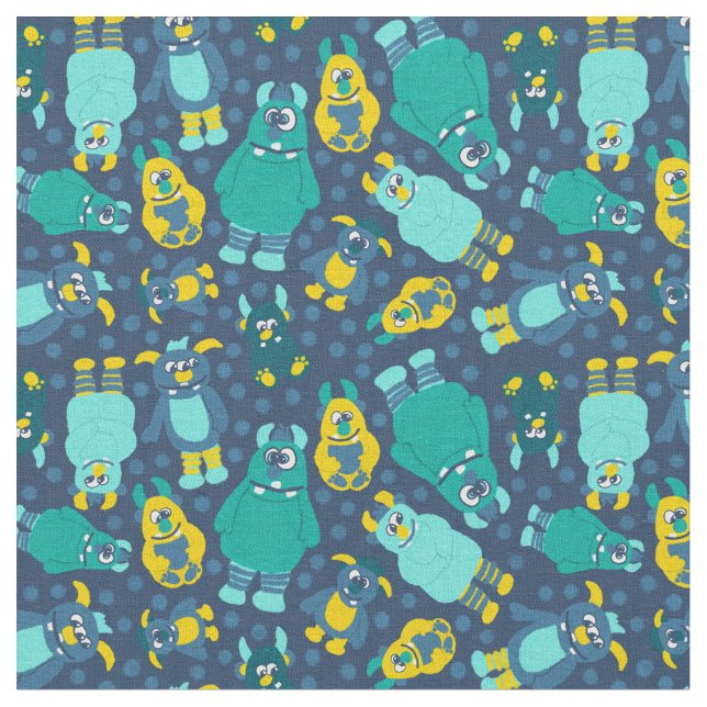 Funny Little Cartoon Monsters Boys Patterned Fabric (Close Up)