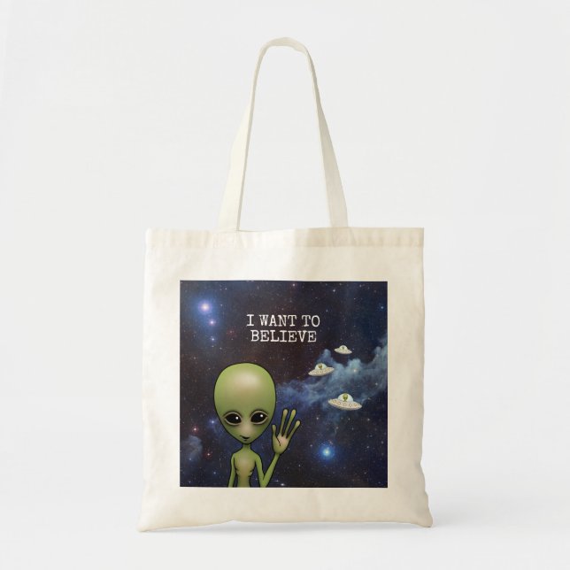 Funny Little Green Man Space Alien Sci Fi Galaxy Tote Bag (Front)