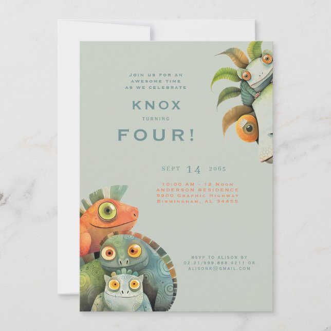 Funny Lizard 4th Birthday Party Invitation (Front)