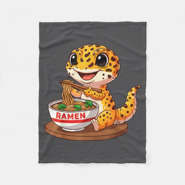 Funny Lizard Reptile Leopard Gecko Eating Ramen Ja Fleece Blanket (Front)