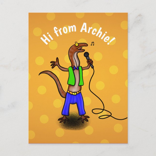 Funny lizard singing cartoon purple green postcard (Front)
