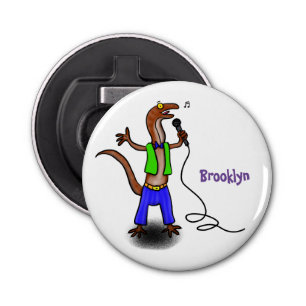 Funny lizard singing with microphone cartoon bottle opener