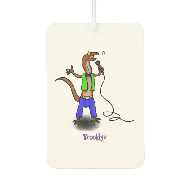 Funny lizard singing with microphone cartoon  car air freshener (Front)