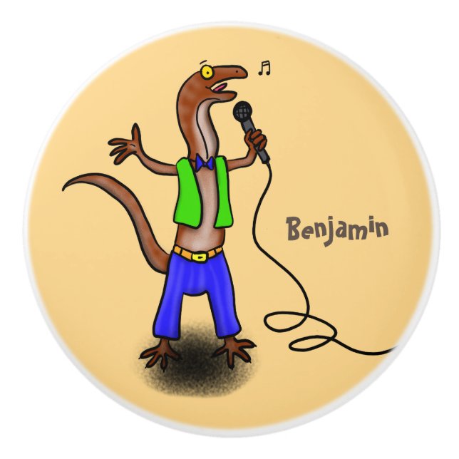 Funny lizard singing with microphone cartoon ceramic knob (Front)