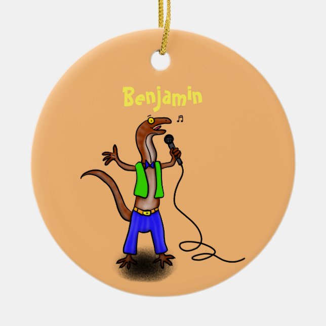 Funny lizard singing with microphone cartoon ceramic tree decoration (Front)