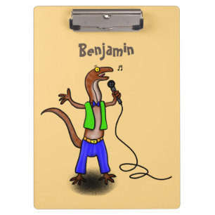 Funny lizard singing with microphone cartoon clipboard