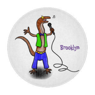 Funny lizard singing with microphone cartoon cutting board