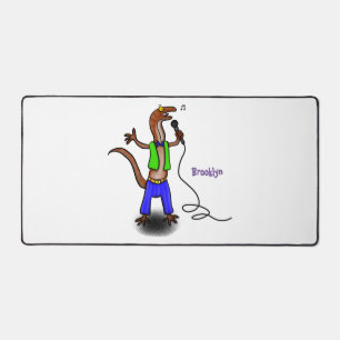 Funny lizard singing with microphone cartoon desk mat