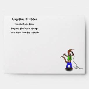 Funny lizard singing with microphone cartoon envelope