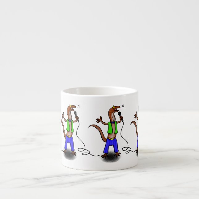 Funny lizard singing with microphone cartoon espresso cup (Front)