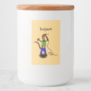 Funny lizard singing with microphone cartoon food label